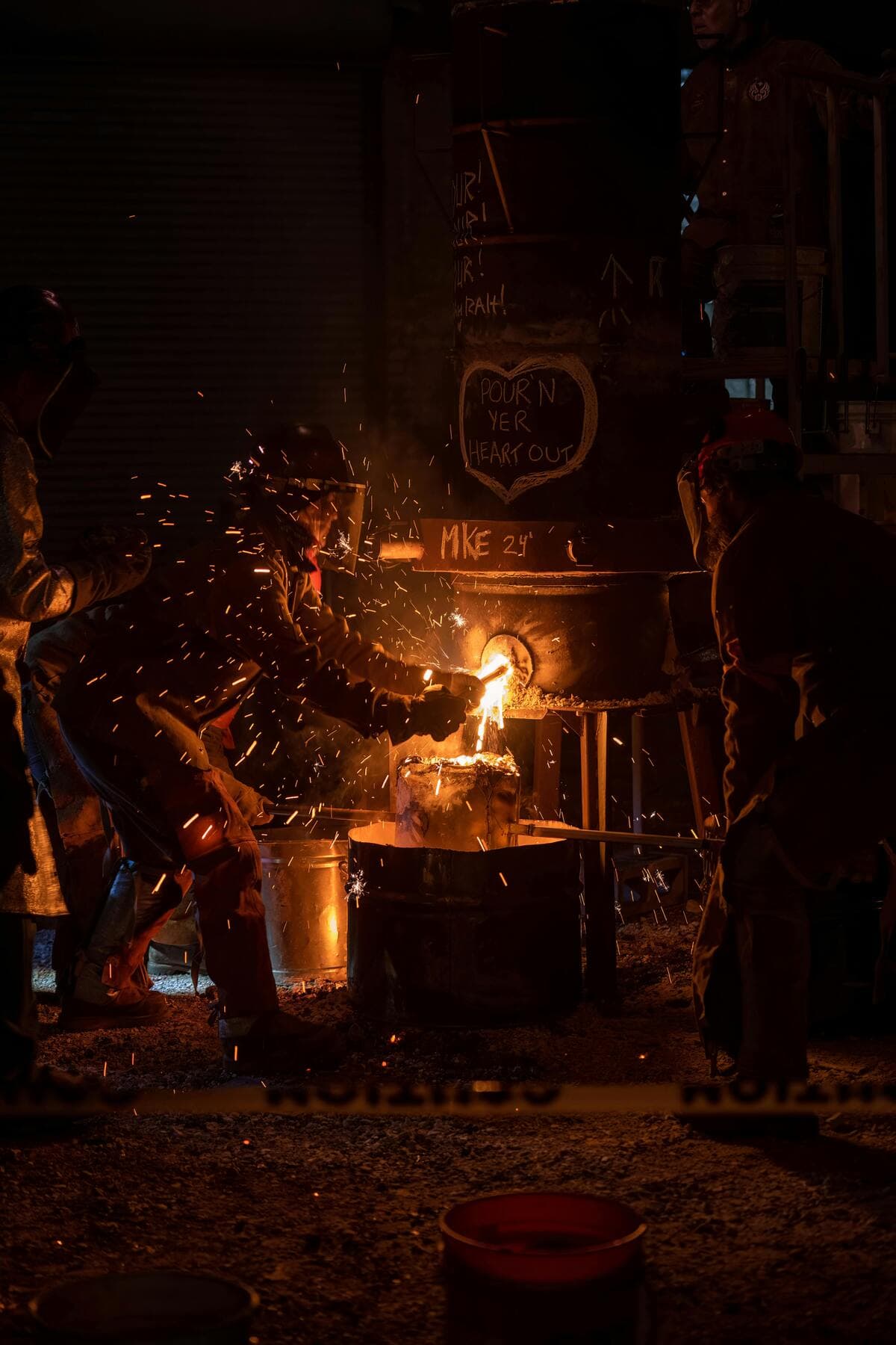 Molten metal being poured in a foundry